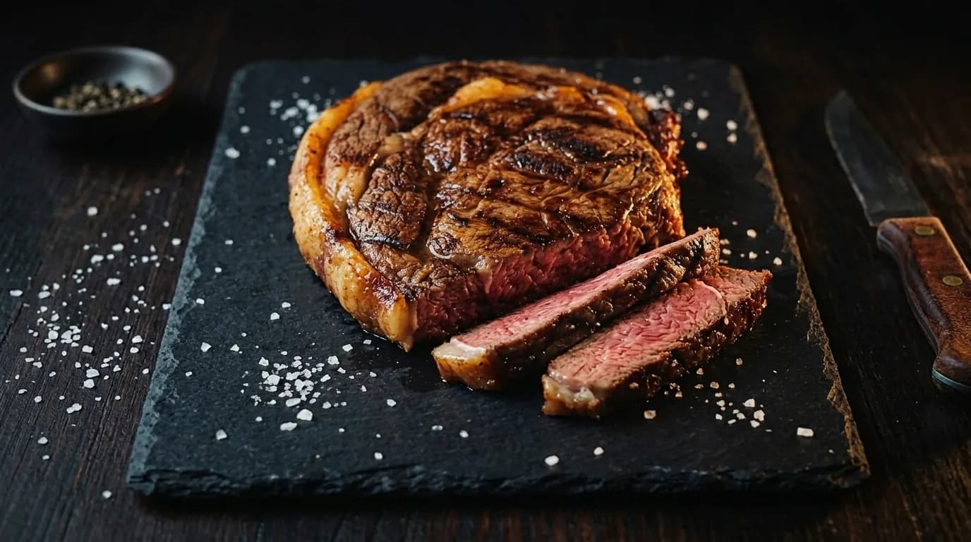 Perfekt gebratenes Ribeye Steak auf einem schwarzen Schieferbrett mit Meersalz