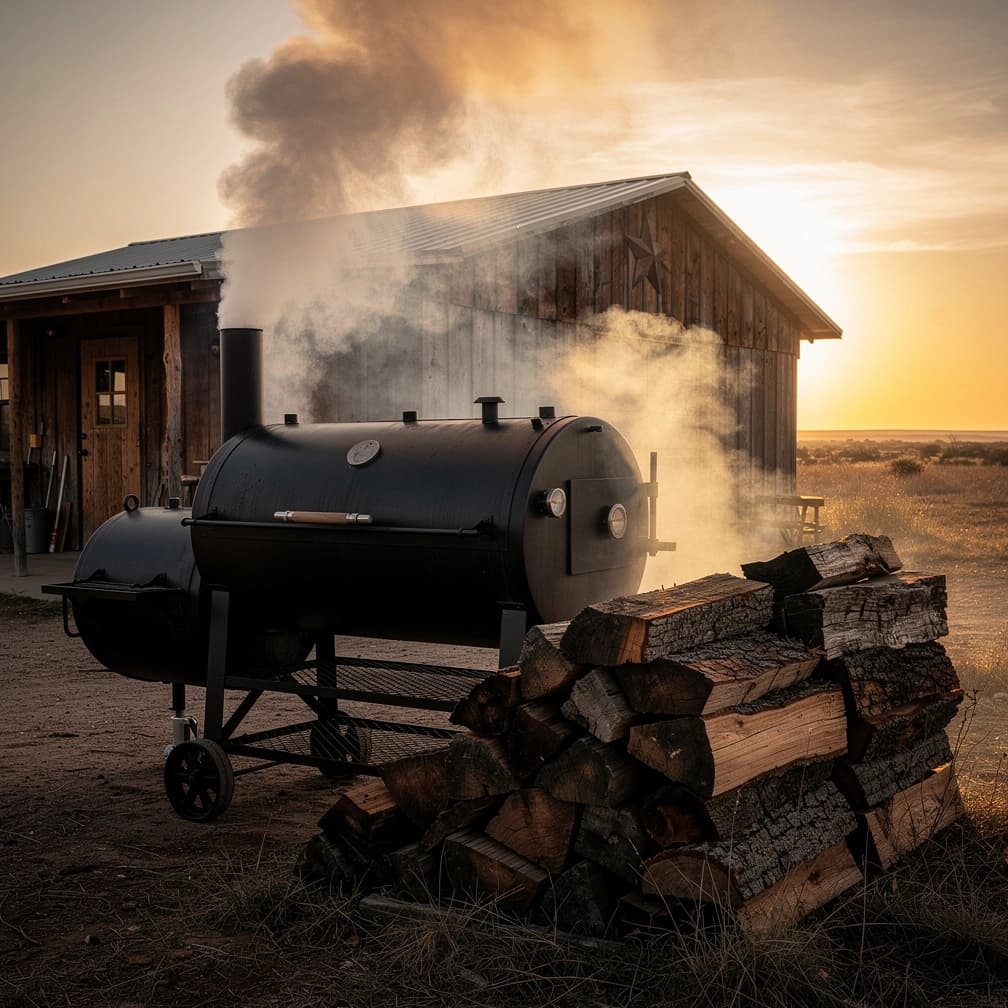 Großer Offset-Smoker mit Rauch bei Sonnenuntergang — Texas BBQ Pitmaster