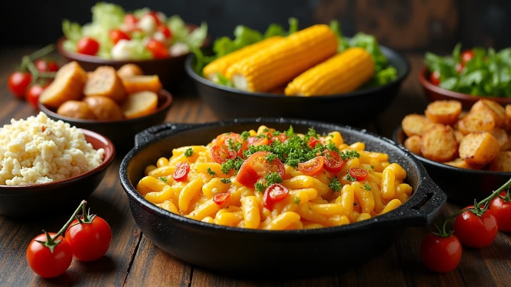 BBQ-Beilagen-Büfett: Mac and Cheese in der Gusspfanne, Grillmais, Röstkartoffeln, Coleslaw und frische Salate