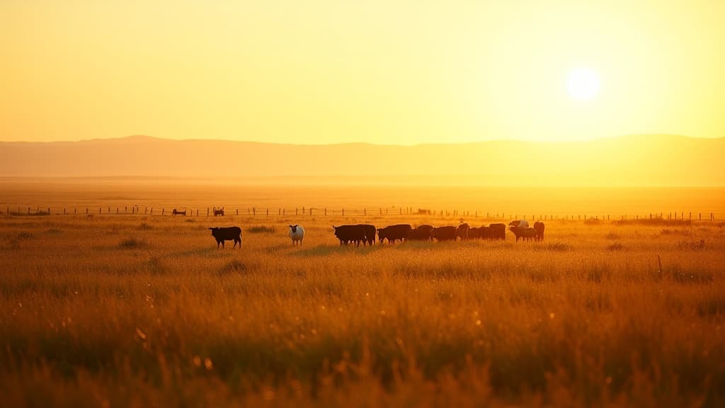 Weite Grasebene im goldenen Abendlicht, eine verstreute Rinderherde klein am Horizont, im Hintergrund eine lange Zaunlinie