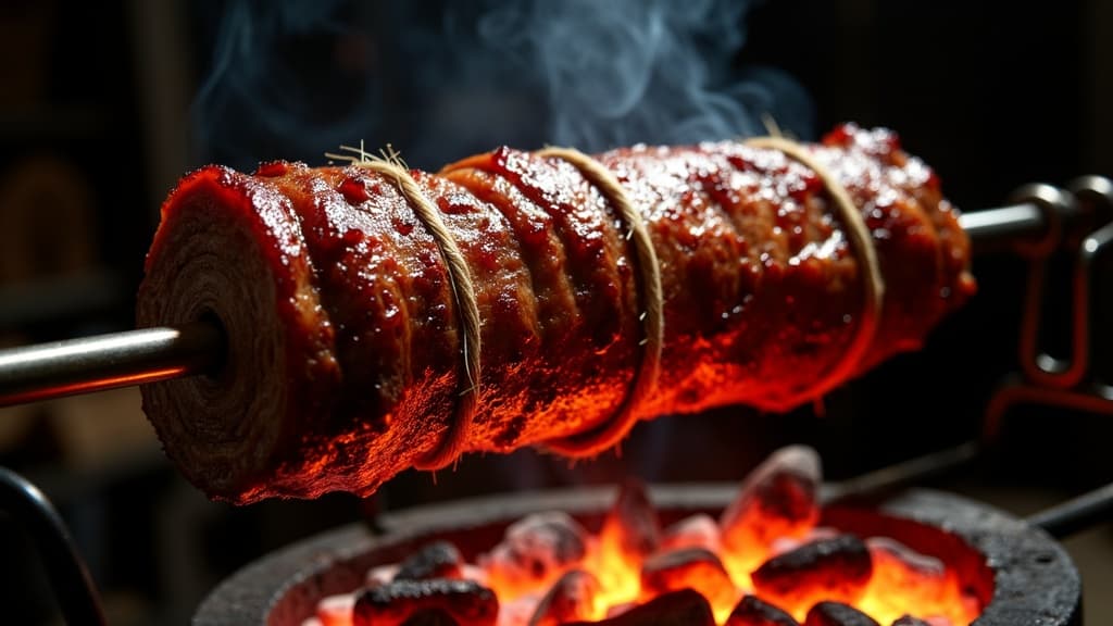Goldbraunes Hähnchen am rotierenden Drehspieß über der Glut