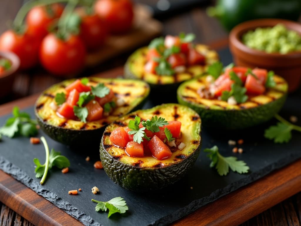 Gegrillte Avocadohälften mit goldener Kruste, gefüllt mit Tomaten-Koriander-Gremolata — KI-generiertes Symbolbild