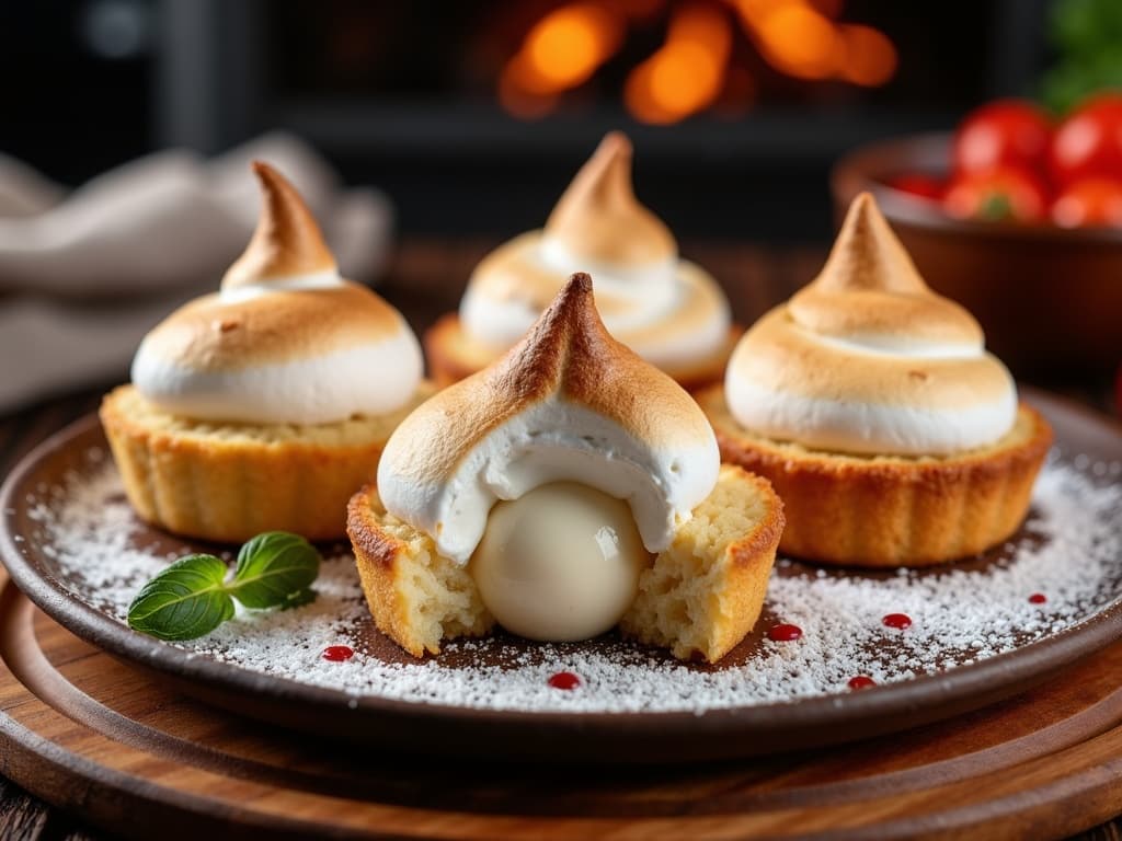 Baked Alaska mit goldbraun gratiniertem Baiser, angeschnitten mit gefrorenem Eiskern — KI-generiertes Symbolbild