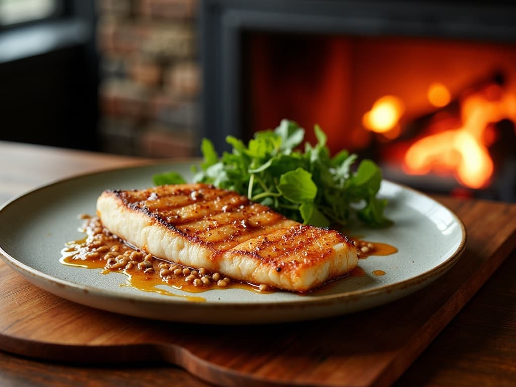 Gegrilltes Barramundi-Filet mit knuspriger Haut und Macadamia-Salsa auf Holzkohlegrill — KI-generiertes Symbolbild