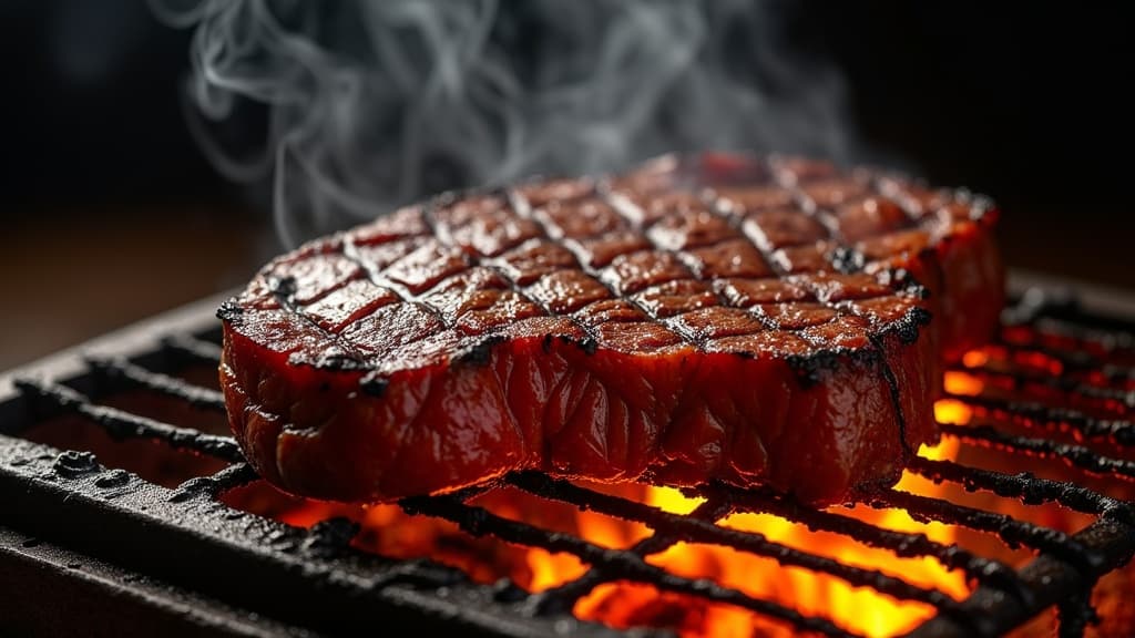 Bavette Steak mit Grill-Röstung, geschnitten gegen die Faser auf Holzbrett — KI-generiertes Symbolbild
