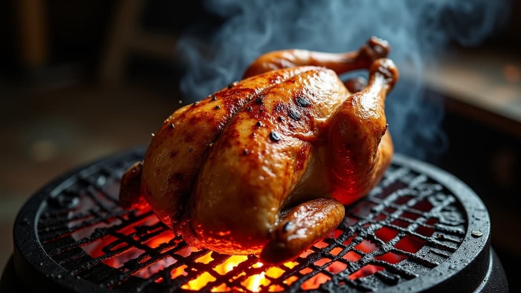 Ganzes Hähnchen aufrecht auf Bierdose am Grill, goldbraune Haut — KI-generiertes Symbolbild