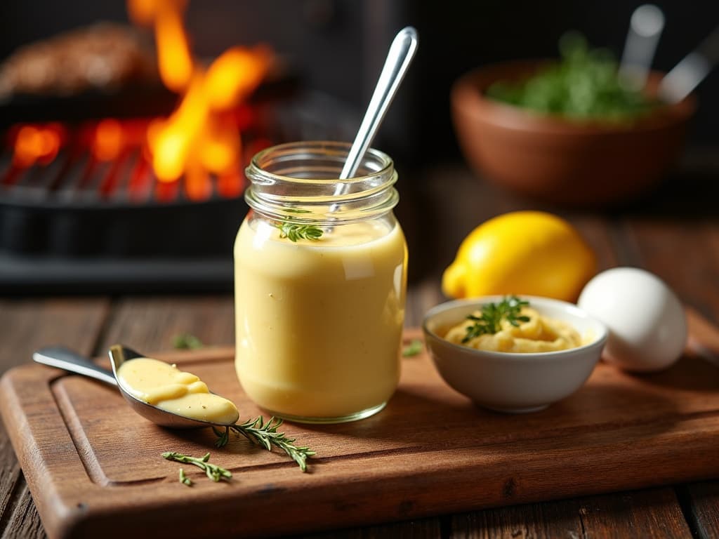 Dickcremige selbstgemachte Mayonnaise im hohen Glas, daneben Stabmixer und Zutaten