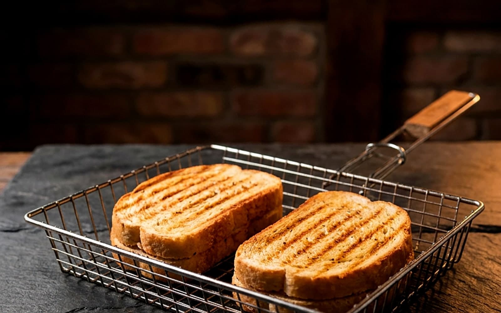 Zwei gegrillte, gefüllte Sandwiches mit Grillmarken im Klapprost über der Glut — KI-generiertes Symbolbild