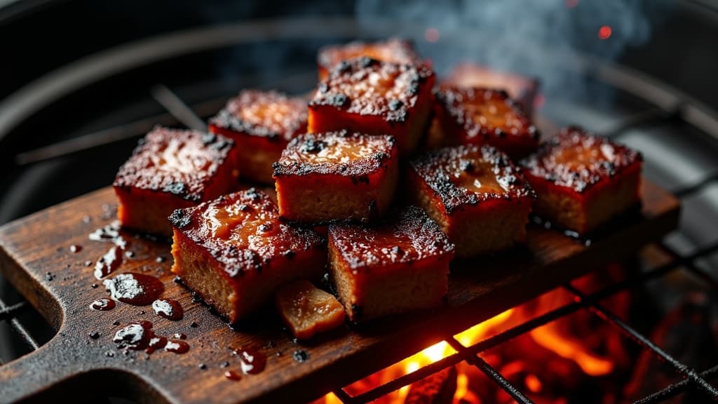 Karamellisierte Burnt Ends in Alubox mit glänzender BBQ-Sauce — KI-generiertes Symbolbild