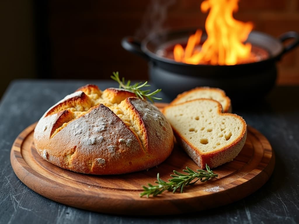 Rundes Buttermilchbrot mit tiefem Kreuzschnitt und bemehlter Kruste, ein Viertel abgebrochen — KI-generiertes Symbolbild