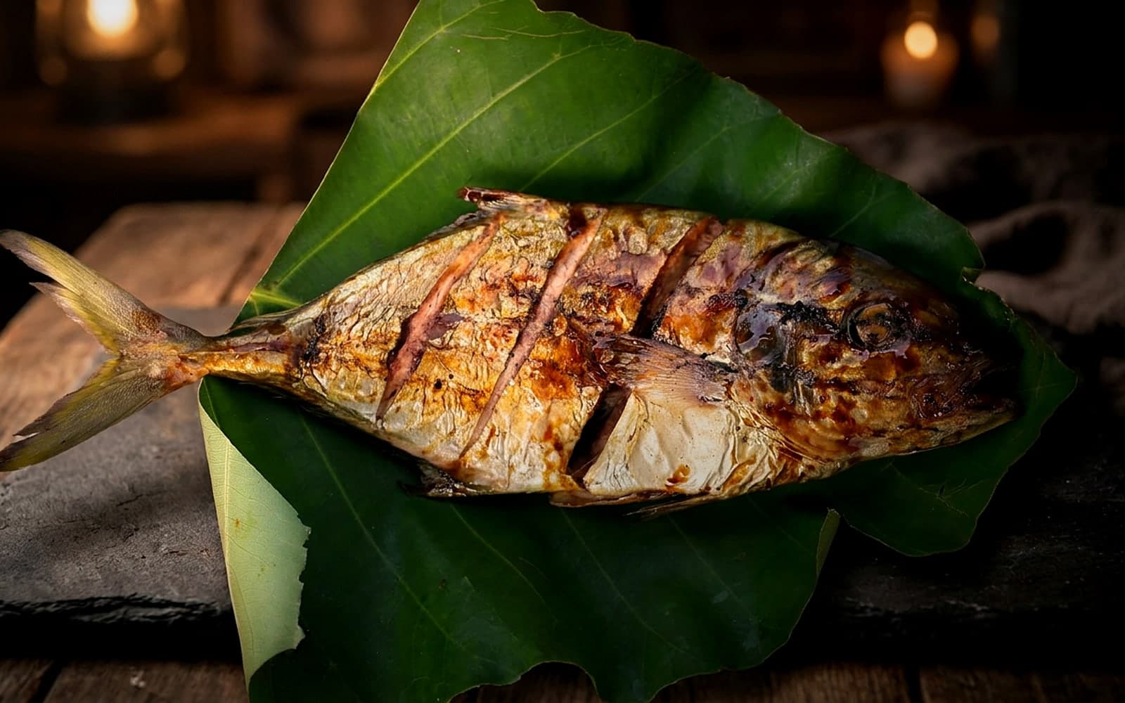 Ganzer gegrillter Fisch auf einem grünen Bananenblatt — KI-generiertes Symbolbild