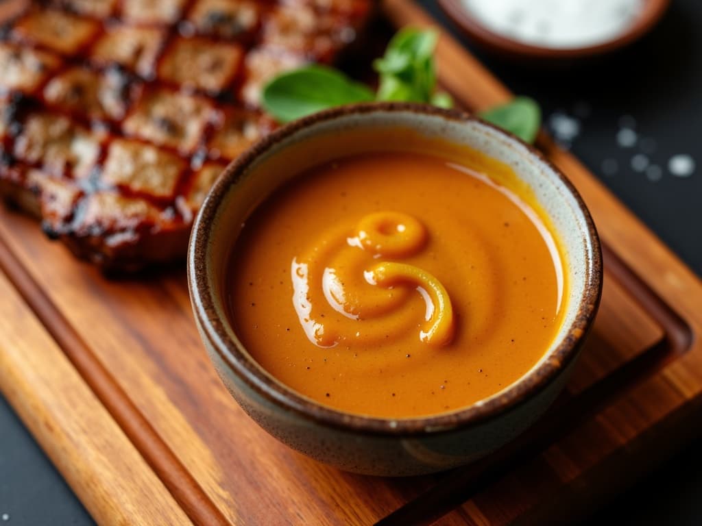 Goldgelbe Carolina Mustard Sauce in einem Glasgefäß neben Pulled Pork — KI-generiertes Symbolbild