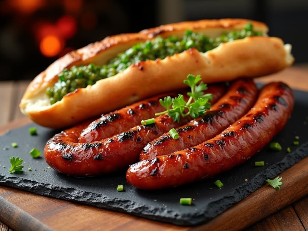 Gegrillte argentinische Chorizo im aufgeschnittenen Brot mit grünem Chimichurri — KI-generiertes Symbolbild