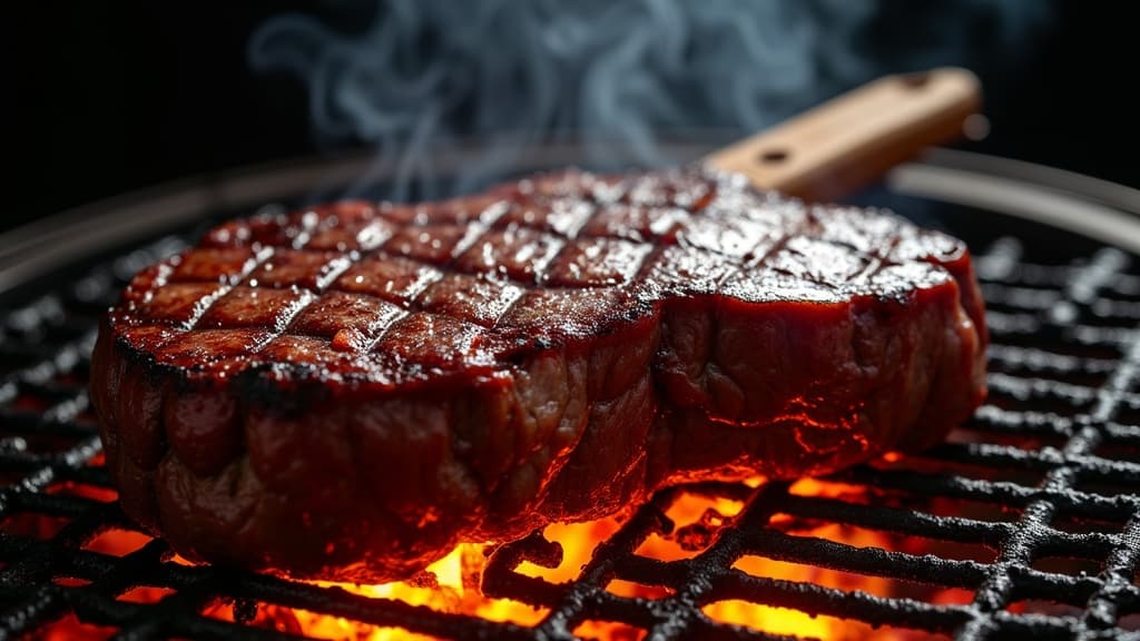 Dry-Aged Ribeye über Flammen auf dem Grill — dramatischer Eyecatcher