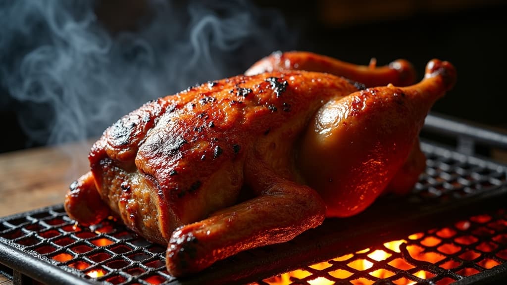 Ganze gebratene Ente auf Grillrost mit knuspriger goldbrauner Haut — KI-generiertes Symbolbild