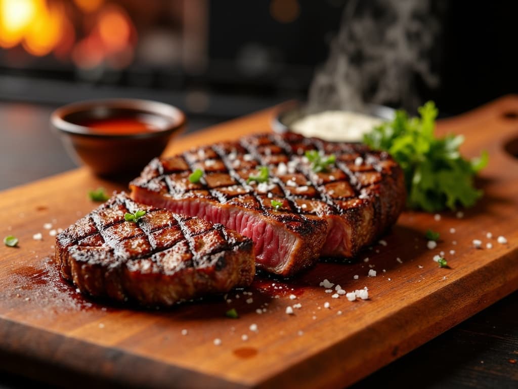 Gegrilltes Entrana Skirt Steak auf Holzschneidebrett, Chimichurri daneben — KI-generiertes Symbolbild