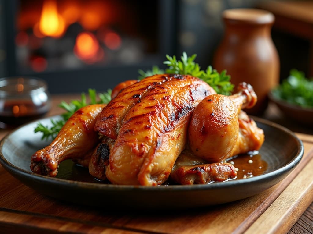Gegrilltes Hähnchen mit Brandflecken, serviert mit Nam Jim Jaew Sauce — KI-generiertes Symbolbild