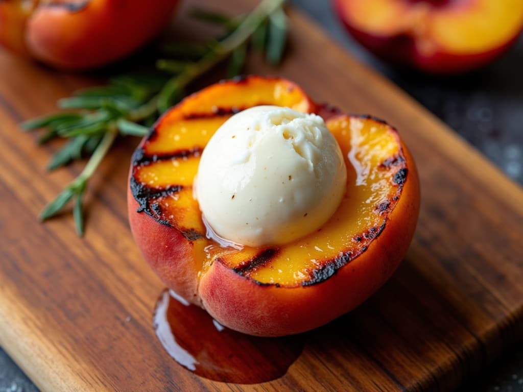 Gegrillter Pfirsich mit Bourbon-Butter und Vanilleeis auf Holzbrett