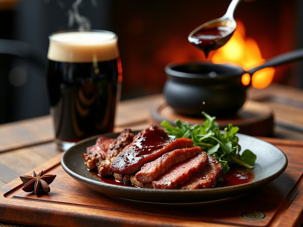 Dunkle glänzende Guinness-Sauce über rosa Roastbeef-Scheiben gelöffelt