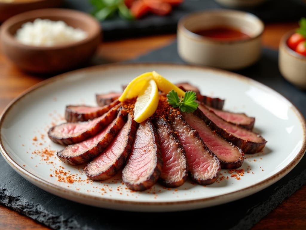 Gegrillte Rinderzungenscheiben auf weißem Teller mit Zitronenspalten und Shichimi — KI-generiertes Symbolbild