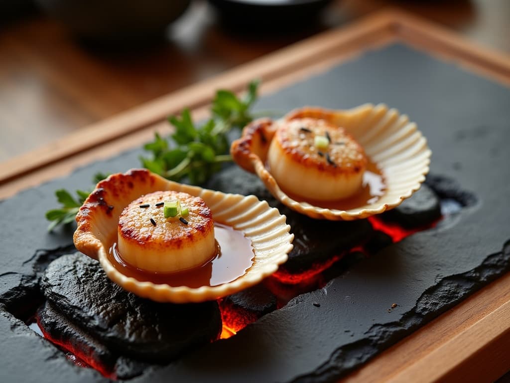 Jakobsmuscheln in Schalen über Robata-Grill, geschmolzene Butter, Sake-Glanz — KI-generiertes Symbolbild