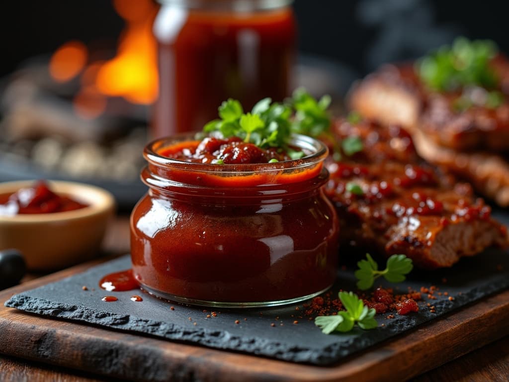 Kansas City BBQ Sauce in einem Glas, dunkelrot und glänzend