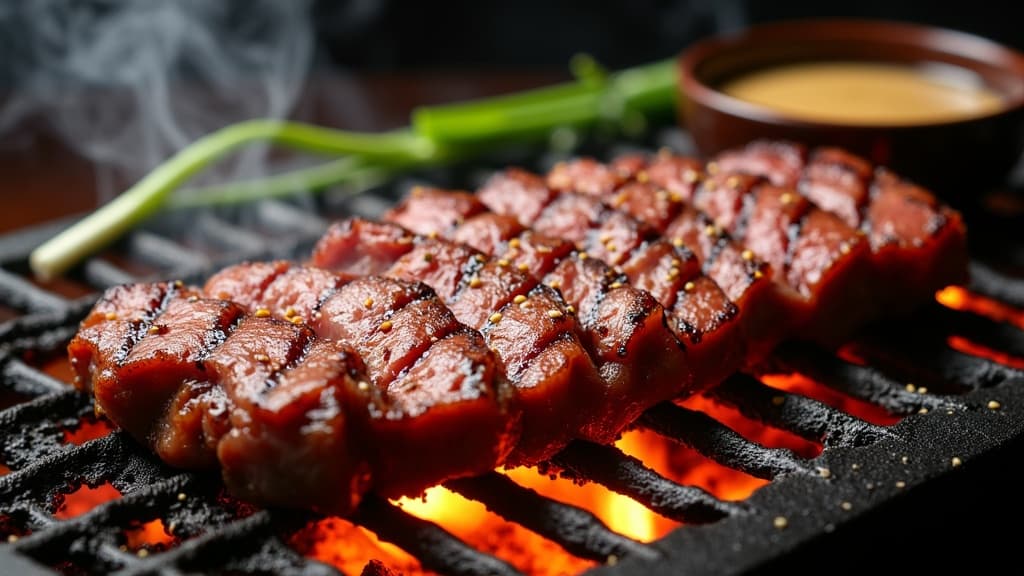 Duennes Rinderfleisch auf gluehendem Tischgrill, karamellisiert, mit Sesam bestreut — KI-generiertes Symbolbild