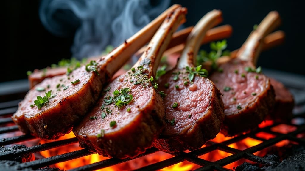 Gegrilltes Lammkarree mit Kräuterkruste, rosa Kern, auf Schneidebrett — KI-generiertes Symbolbild