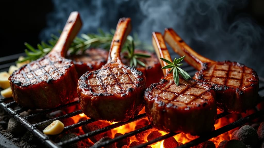Gegrillte Lammkoteletts mit Rosmarin und Knoblauch auf Holzbrett — KI-generiertes Symbolbild