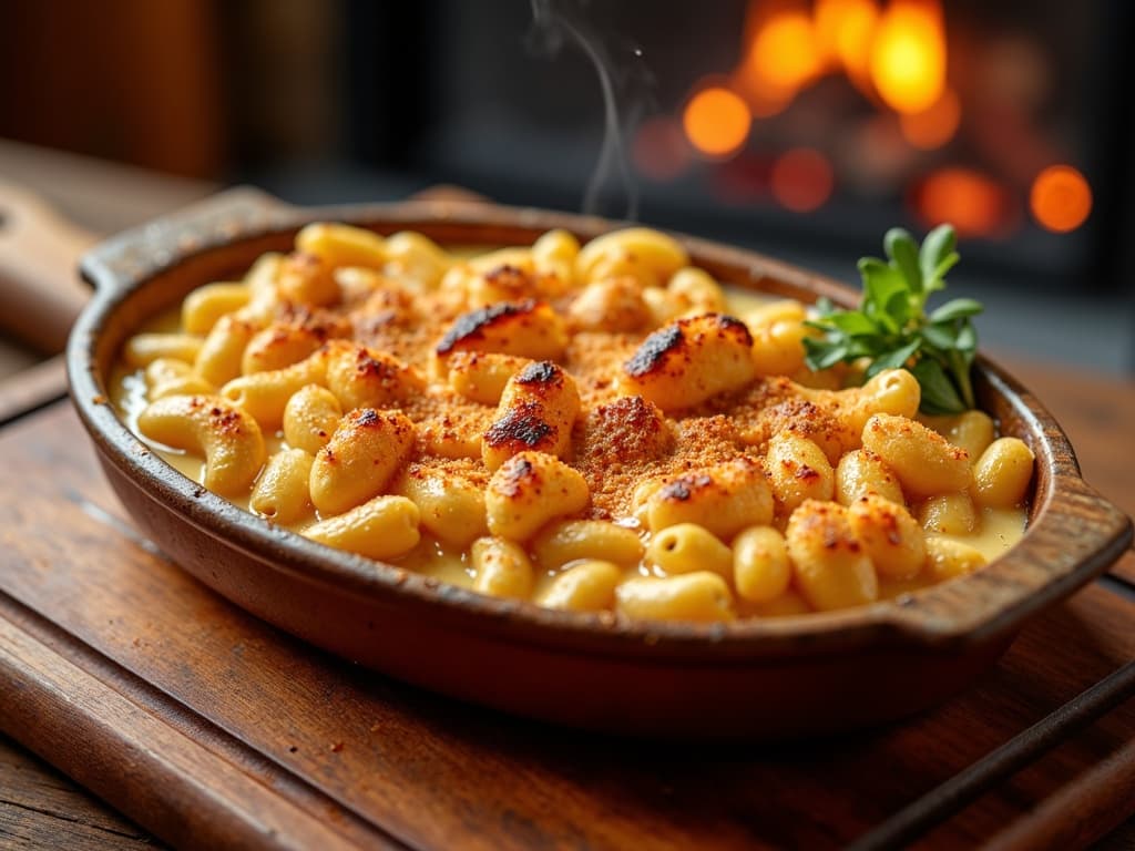 Smoked Mac and Cheese in Gusseisenpfanne mit goldener Panko-Kruste — KI-generiertes Symbolbild