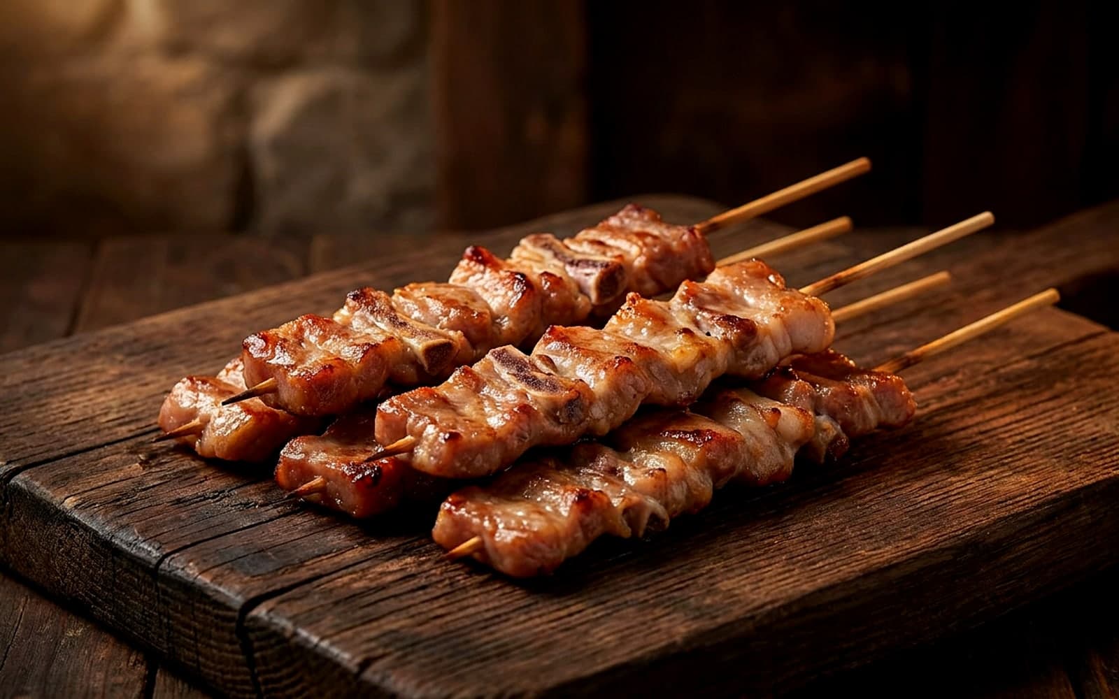Gegrillte, leicht karamellisierte Schweinefleisch-Spieße auf Holzspießen — KI-generiertes Symbolbild