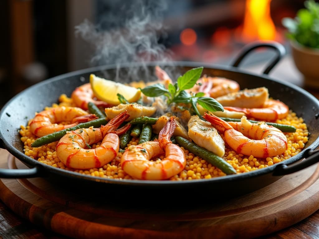 Paella-Pfanne auf dem Grill mit Safranreis, Garnelen, Fisch und gegrillten Zitronen — KI-generiertes Symbolbild