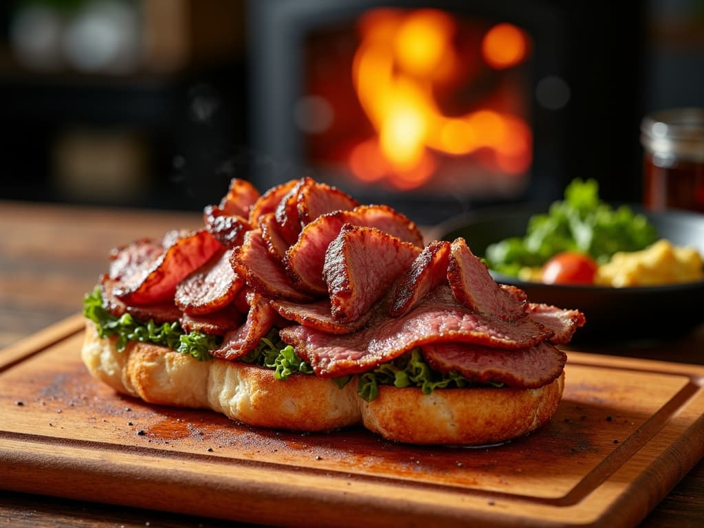 Hauchdünn aufgeschnittene Pastrami-Rinderhüfte mit Pfefferkruste auf Bauernbrot — KI-generiertes Symbolbild