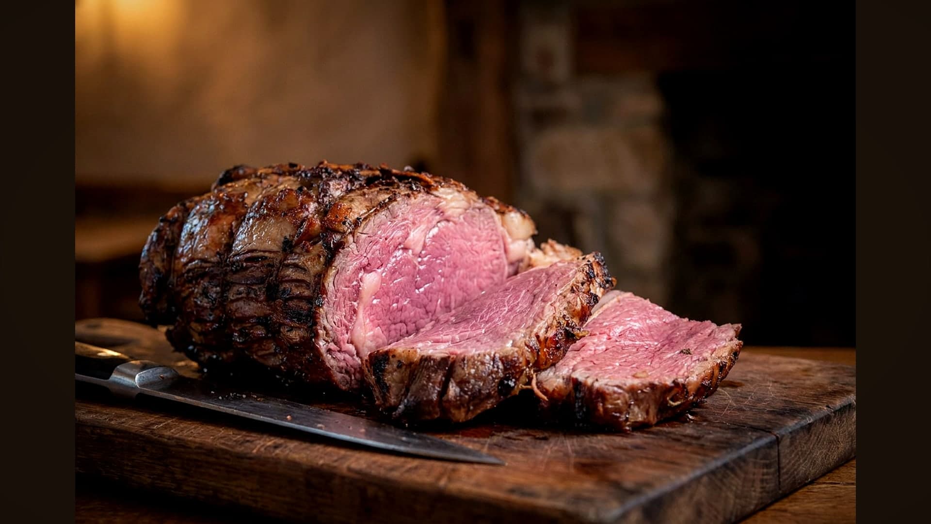 Roastbeef am Stück mit abgeschnittenen Scheiben, gleichmäßig rosa Kern — KI-generiertes Symbolbild