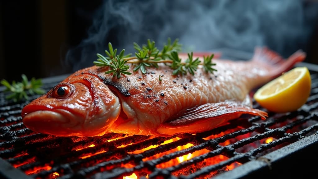 Ganze gegrillte Rotbarbe mit knuspriger Haut, Zitronenscheiben und frischem Thymian — KI-generiertes Symbolbild