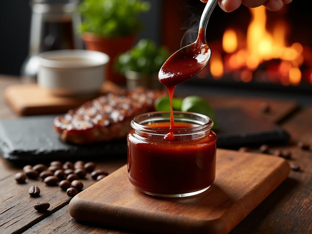 Glänzende dunkle Espresso-BBQ-Sauce im Glas, daneben Espressobohnen — KI-generiertes Symbolbild