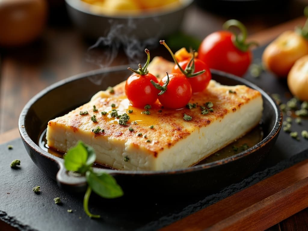Warm geräucherter Schafskäse mit goldener Oberfläche und marinierten Tomaten — KI-generiertes Symbolbild