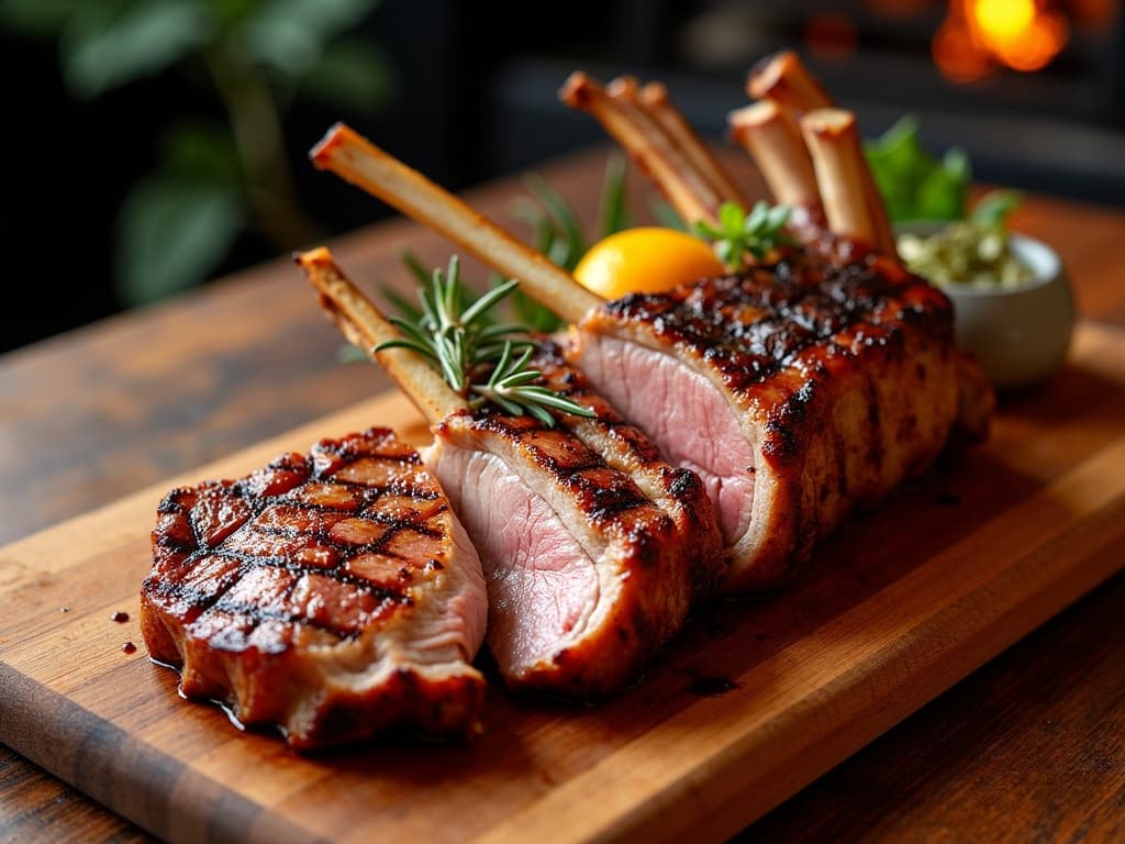Ganzes Schweinekarree mit bernsteinfarbener Honigkruste, in Koteletts tranchiert — KI-generiertes Symbolbild