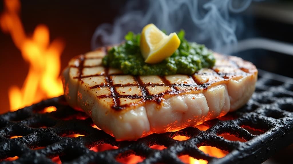 Gegrilltes Schwertfisch-Steak mit Gitterstreifen, Zitrone und Salsa Verde — KI-generiertes Symbolbild