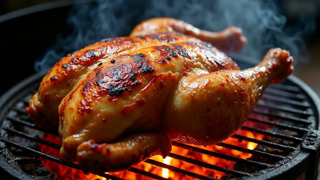 Ganzes Spatchcock-Hähnchen auf Grillrost, knusprig braun, von oben — KI-generiertes Symbolbild