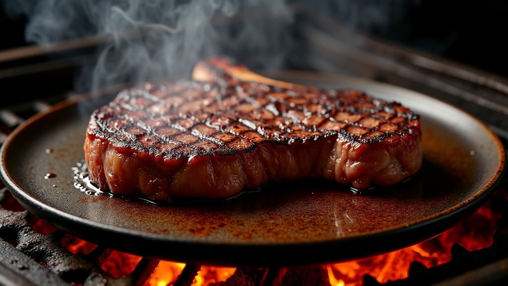 T-Bone Steak auf Grill mit Flammen, zwei Garzonen sichtbar — KI-generiertes Symbolbild