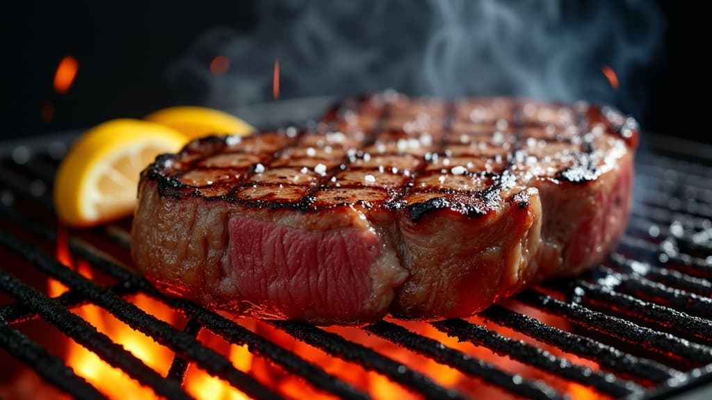 T-Bone Fiorentina hochkant auf glühenden Kohlen, Flammen, Bark-Kruste sichtbar — KI-generiertes Symbolbild