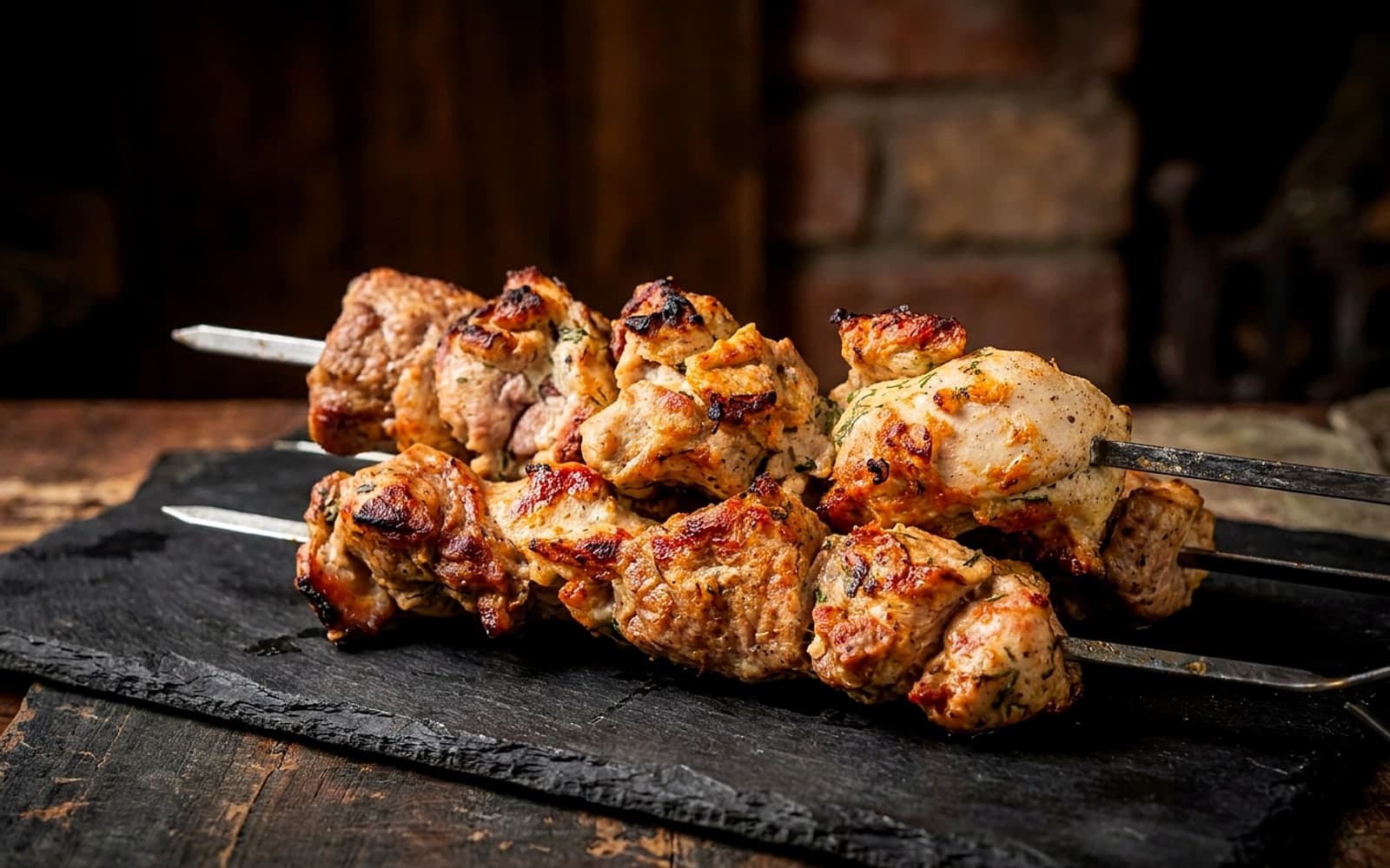 Hähnchenwürfel auf Spießen über dem Grill — KI-generiertes Symbolbild