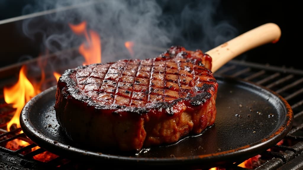 Tomahawk Steak mit Kruste in Gusseisenpfanne, Knochen freigelegt — KI-generiertes Symbolbild