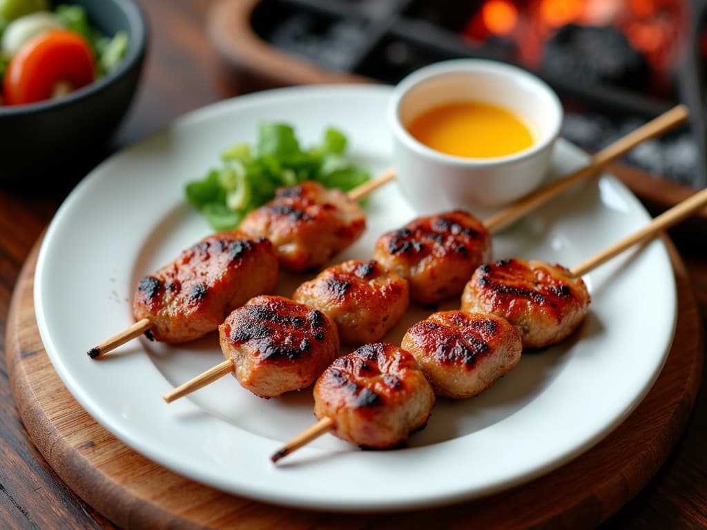 Drei Tsukune-Spieße auf weißem Teller, glänzend glasiert, mit rohem Eigelb in Schälchen — KI-generiertes Symbolbild