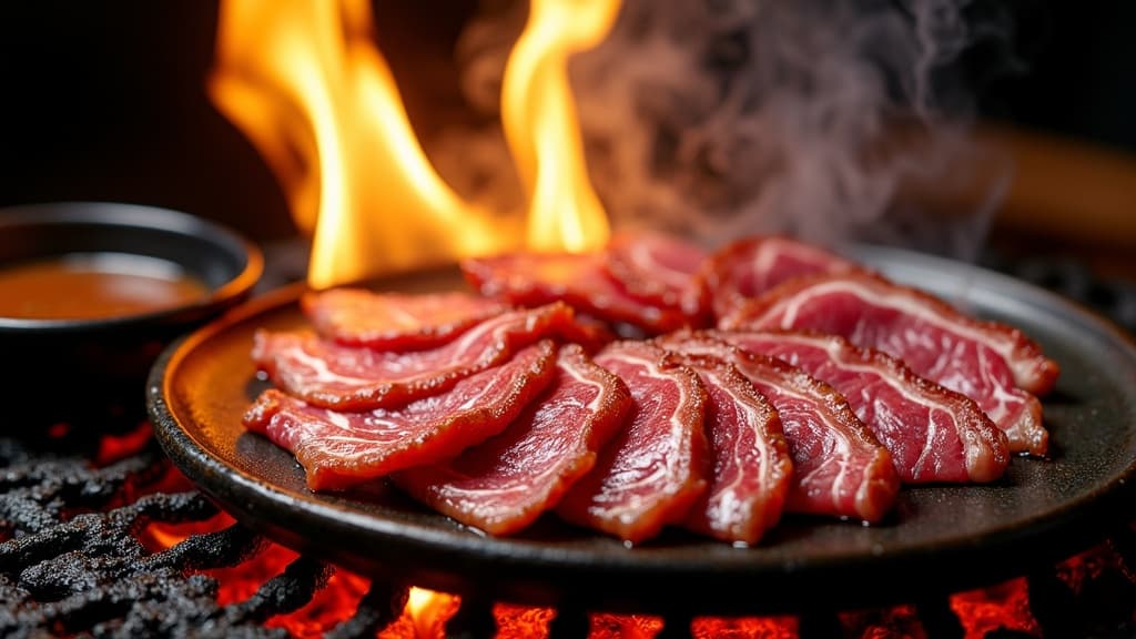 Wagyu-Scheiben auf glühendem Tischgrill mit Tare-Schale und Gemüse — KI-generiertes Symbolbild