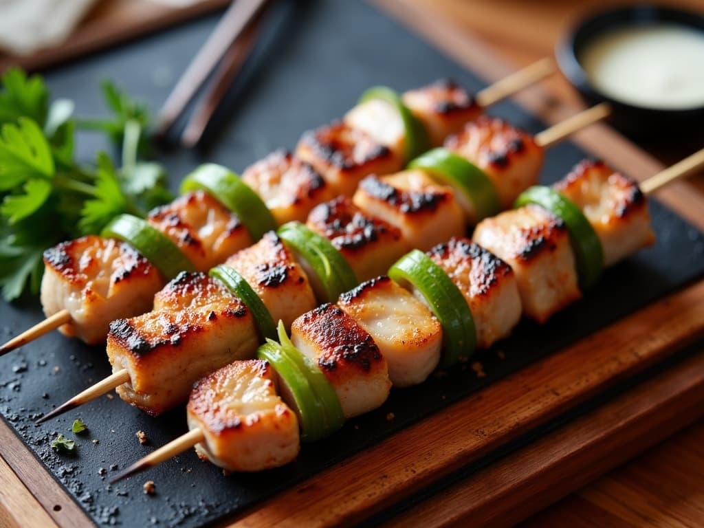 Drei Yakitori-Spieße mit Hähnchen und grünem Lauch über glühender Kohle — KI-generiertes Symbolbild